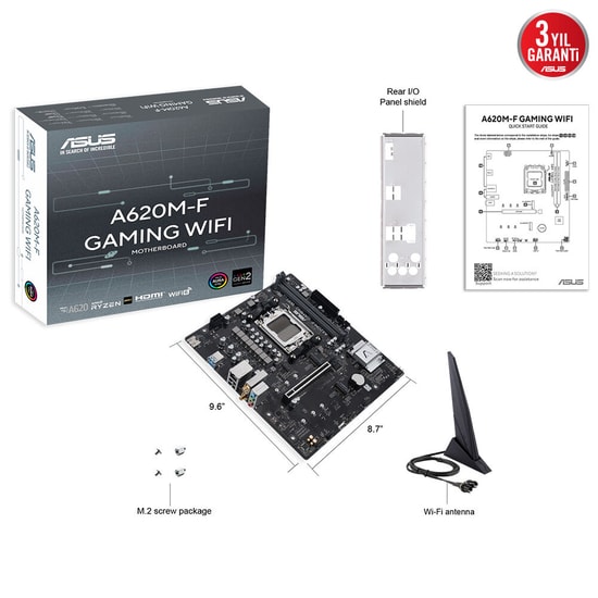 Asus EX-A620M-V7 WIFI AM5 DDR5 Anakart - AMD A620, 8000MHz, HDMI, Çift M.2, 2.5Gbit LAN, WiFi 6E, mATX, Aura RGB