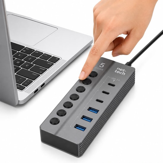 Nettech NT-OT011 7in1 USB to Type-C Dönüştürücü (NT-117101) - Gri Alüminyum Gövde, Data ve Görüntü Aktarım Desteği