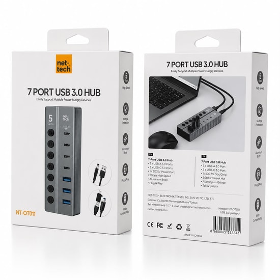 Nettech NT-OT011 7in1 USB to Type-C Dönüştürücü (NT-117101) - Gri Alüminyum Gövde, Data ve Görüntü Aktarım Desteği