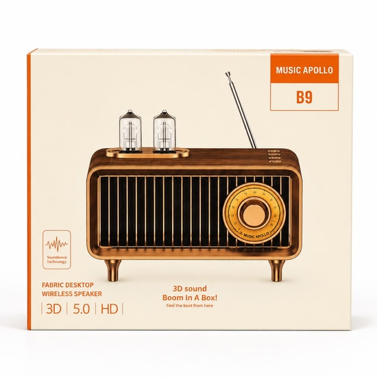 Music Apollo B9 Kahverengi Nostalji Radyo Kablosuz Hoparlör (NT-119323) - FM Radyo, Stereo Ses, Nostaljik Tasarım