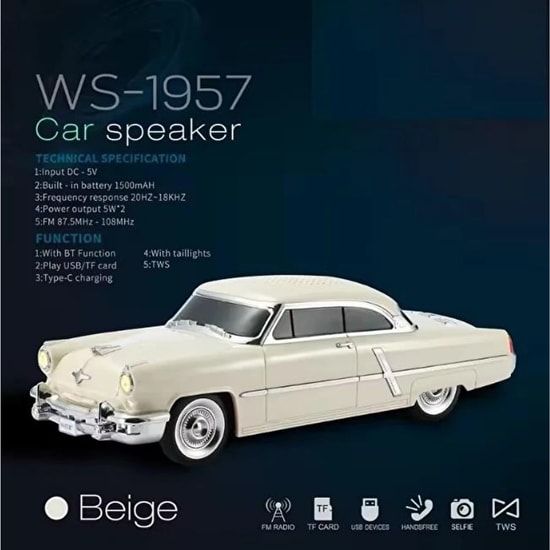 Nettech Wster WS-1957 Bej Car Speaker NT-119334 - Kablosuz Bluetooth Hoparlör, Stereo Ses, FM Radyo, Led Işıklı