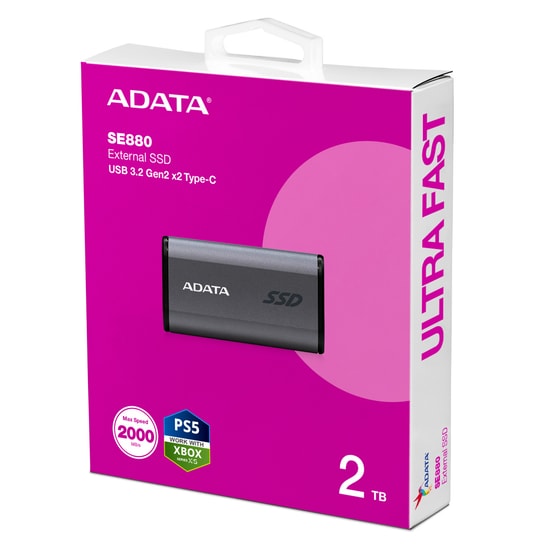 Adata SE880 2TB Taşınabilir SSD (AELI-SE880-2TCGY) - 2000/2000MB/s Hız, USB 3.2 Gen 2x2, Type-C Gri Harici SSD