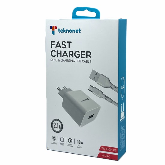 Teknonet TN-HCH05 10W 2100 mAh Micro USB Kablolu Şarj Aleti (NT-92561) - Hızlı Şarj, 10.5W, Beyaz, 1 USB Çıkışlı