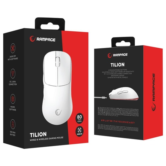 Rampage Tilion Beyaz Kablosuz Oyuncu Mouse (Tilion-B) - 24000 DPI, Pixart 3311 Sensör, 500mAh Pil, 6 Tuş