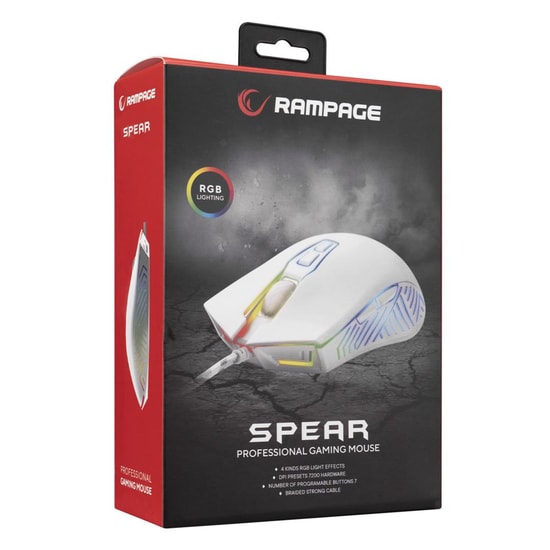 Rampage SMX-G68 SPEAR V2 Beyaz Kablolu RGB Oyuncu Mouse - 12800 DPI, 7D Makrolu, Örgü Kablo, Optik Sensör