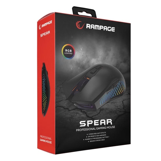 Rampage SMX-G68 SPEAR V2 Siyah Kablolu RGB Oyuncu Mouse - 12800 DPI, 7D Makrolu, 1.5m Örgü Kablo, Optik Sensör