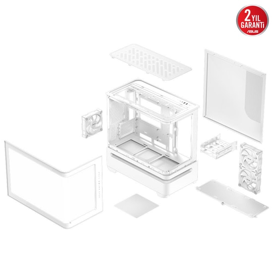 Asus PRIME AP202 Beyaz mATX Kasa - 360mm Radyatör, 420mm Ekran Kartı Desteği, Temperli Cam, ARGB Fanlı, PSU Yok