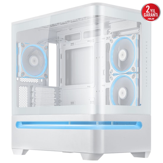 Asus PRIME AP202 Beyaz mATX Kasa - 360mm Radyatör, 420mm Ekran Kartı Desteği, Temperli Cam, ARGB Fanlı, PSU Yok