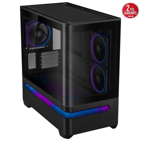 Asus PRIME AP202 Siyah mATX Kasa - 360mm Radyatör, 420mm Ekran Kartı Desteği, Temperli Cam, ARGB Fanlı, PSU Yok