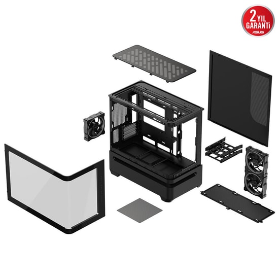 Asus PRIME AP202 Siyah mATX Kasa - 360mm Radyatör, 420mm Ekran Kartı Desteği, Temperli Cam, ARGB Fanlı, PSU Yok