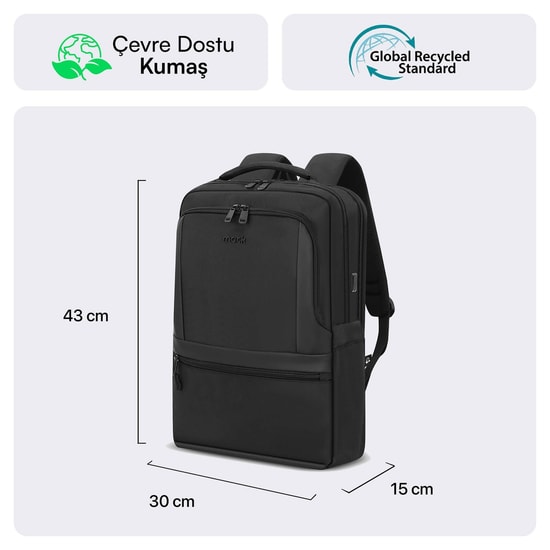 Mack MCE-1212 Office Pro-3 Eco 16" Siyah Laptop Sırt Çantası - USB Şarj Portlu, Su Geçirmez, 19L Hacim, Ergonomik
