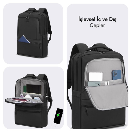 Mack MCE-1212 Office Pro-3 Eco 16" Siyah Laptop Sırt Çantası - USB Şarj Portlu, Su Geçirmez, 19L Hacim, Ergonomik