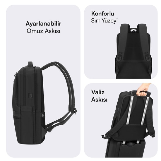 Mack MCE-1212 Office Pro-3 Eco 16" Siyah Laptop Sırt Çantası - USB Şarj Portlu, Su Geçirmez, 19L Hacim, Ergonomik