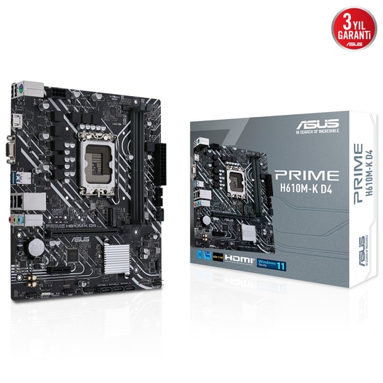 Asus PRIME H610M-K D4 LGA1700 DDR4 Anakart - Intel H610, 3200MHz, DP, HDMI, M.2, USB 3.2, mATX, Armoury Crate