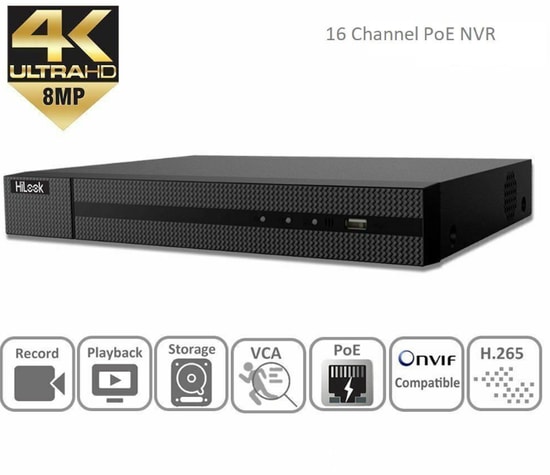 HiLook NVR-216MH-C/16P 16 Kanal 4K PoE Network Kayıt Cihazı - 8MP, H.265+, 2x8TB HDD Desteği, HDMI, VGA