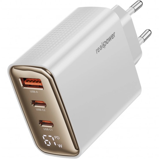 RealPower TCS67WWH 67W GaN Type-C to Type-C Şarj Aleti (NT-119373) - Beyaz, 3000 mAh Hızlı Şarj, 100cm Kablo Dahil