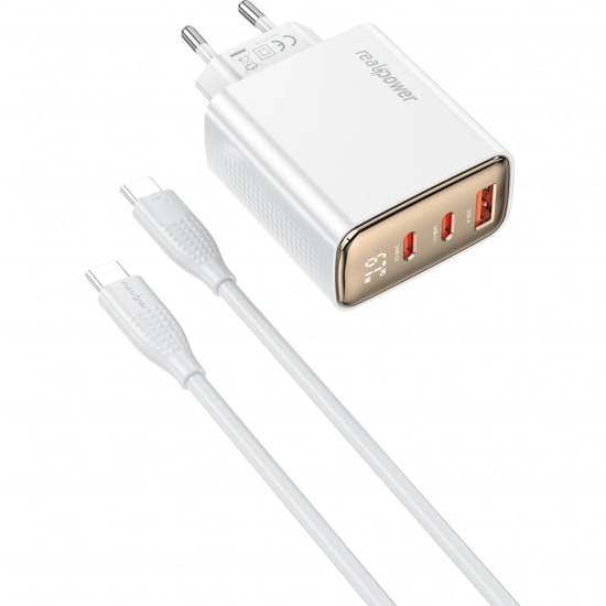 RealPower TCS67WWH 67W GaN Type-C to Type-C Şarj Aleti (NT-119373) - Beyaz, 3000 mAh Hızlı Şarj, 100cm Kablo Dahil