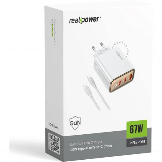 RealPower TCS67WWH 67W GaN Type-C to Type-C Şarj Aleti (NT-119373) - Beyaz, 3000 mAh Hızlı Şarj, 100cm Kablo Dahil