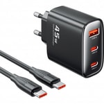 RealPower TCS45WBK 45W GaN Type-C to Type-C Şarj Aleti (NT-119372) - Siyah, 3000 mAh Hızlı Şarj, 100cm Kablo Dahil