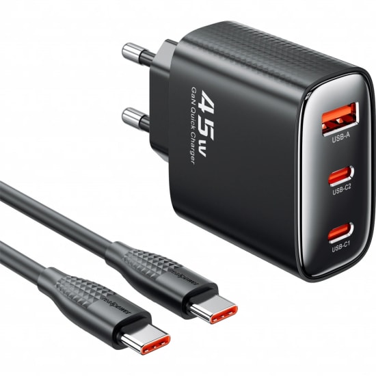 RealPower TCS45WBK 45W GaN Type-C to Type-C Şarj Aleti (NT-119372) - Siyah, 3000 mAh Hızlı Şarj, 100cm Kablo Dahil