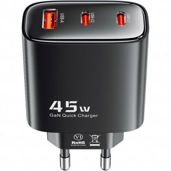 RealPower TCS45WBK 45W GaN Type-C to Type-C Şarj Aleti (NT-119372) - Siyah, 3000 mAh Hızlı Şarj, 100cm Kablo Dahil