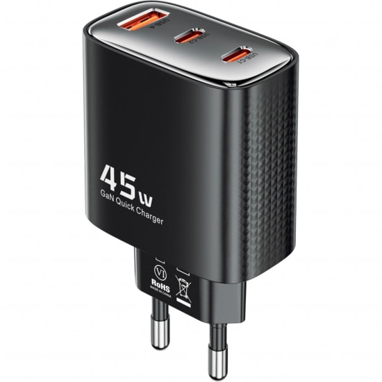 RealPower TCS45WBK 45W GaN Type-C to Type-C Şarj Aleti (NT-119372) - Siyah, 3000 mAh Hızlı Şarj, 100cm Kablo Dahil