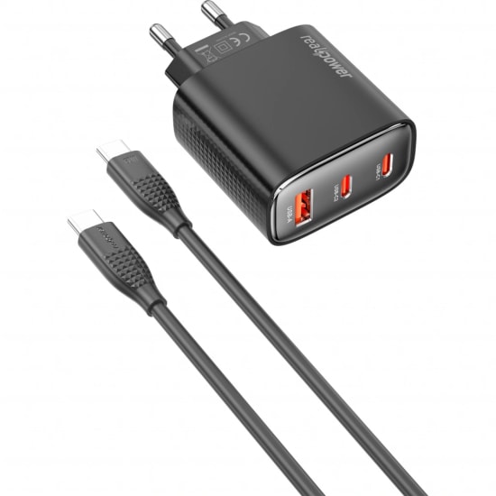 RealPower TCS45WBK 45W GaN Type-C to Type-C Şarj Aleti (NT-119372) - Siyah, 3000 mAh Hızlı Şarj, 100cm Kablo Dahil