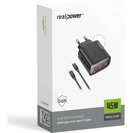 RealPower TCS45WBK 45W GaN Type-C to Type-C Şarj Aleti (NT-119372) - Siyah, 3000 mAh Hızlı Şarj, 100cm Kablo Dahil