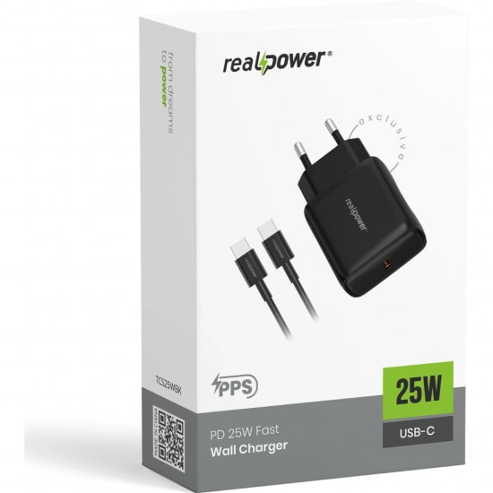 RealPower TCS25WBK 25W PD Type-C to Type-C Şarj Aleti (NT-119368) - Siyah, 3000 mAh Hızlı Şarj Cihazı, Kablo Dahil