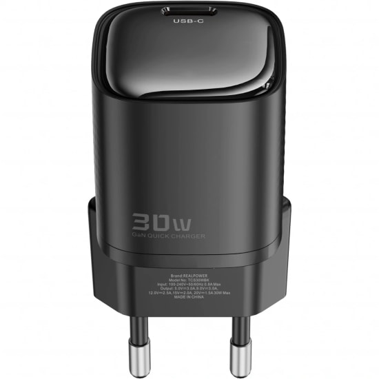RealPower TCS30WBK 30W GaN Type-C to Type-C Şarj Aleti (NT-119363) - Siyah, 3000 mAh Hızlı Şarj, 100cm Kablo Dahil