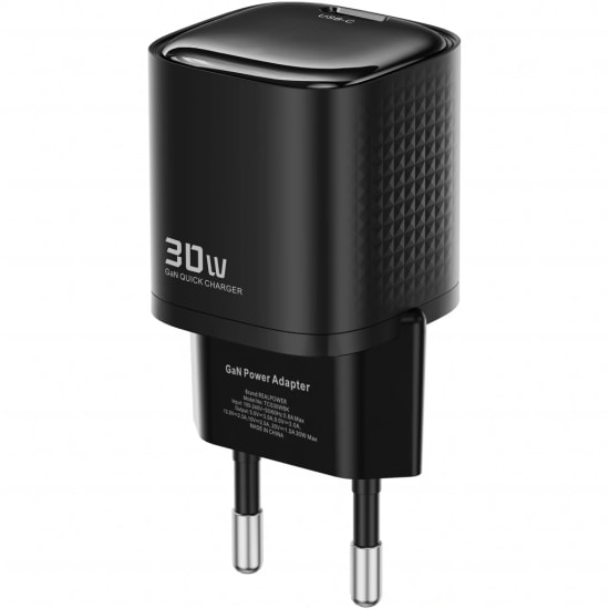 RealPower TCS30WBK 30W GaN Type-C to Type-C Şarj Aleti (NT-119363) - Siyah, 3000 mAh Hızlı Şarj, 100cm Kablo Dahil