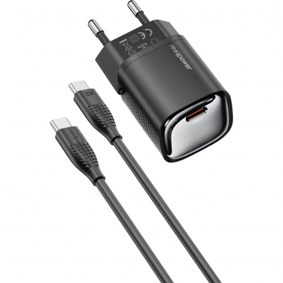 RealPower TCS30WBK 30W GaN Type-C to Type-C Şarj Aleti (NT-119363) - Siyah, 3000 mAh Hızlı Şarj, 100cm Kablo Dahil