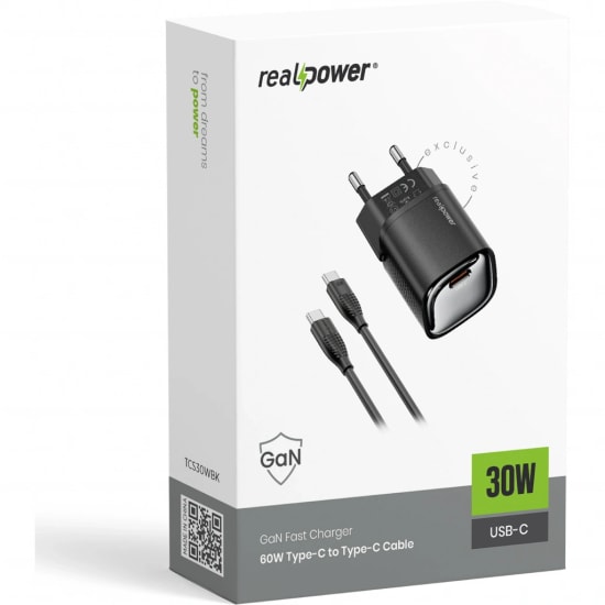 RealPower TCS30WBK 30W GaN Type-C to Type-C Şarj Aleti (NT-119363) - Siyah, 3000 mAh Hızlı Şarj, 100cm Kablo Dahil