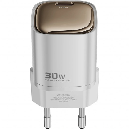 RealPower TCS30WWH 30W GaN Type-C to Type-C Şarj Aleti (NT-119362) - Beyaz, 3000 mAh Hızlı Şarj, 100cm Kablo Dahil