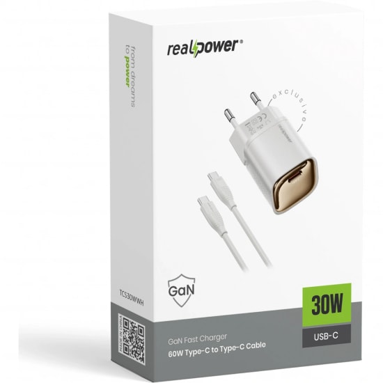 RealPower TCS30WWH 30W GaN Type-C to Type-C Şarj Aleti (NT-119362) - Beyaz, 3000 mAh Hızlı Şarj, 100cm Kablo Dahil