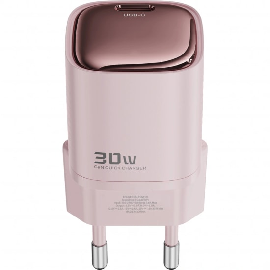 RealPower TCS30WPI 30W GaN Type-C to Type-C Şarj Aleti (NT-119361) - Pembe, 3000 mAh Hızlı Şarj, 100cm Kablo Dahil
