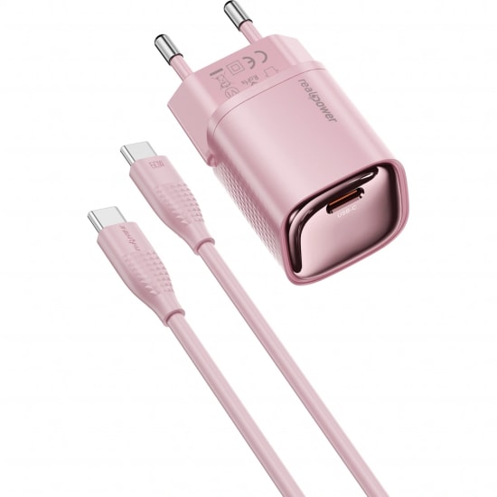 RealPower TCS30WPI 30W GaN Type-C to Type-C Şarj Aleti (NT-119361) - Pembe, 3000 mAh Hızlı Şarj, 100cm Kablo Dahil