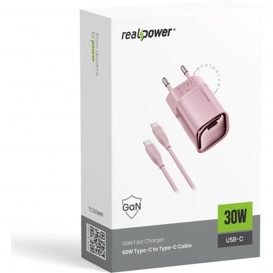 RealPower TCS30WPI 30W GaN Type-C to Type-C Şarj Aleti (NT-119361) - Pembe, 3000 mAh Hızlı Şarj, 100cm Kablo Dahil