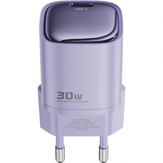 RealPower TCS30WPU 30W GaN Type-C to Type-C Şarj Aleti (NT-119360) - Mor, 3000 mAh Hızlı Şarj, 100cm Kablo Dahil