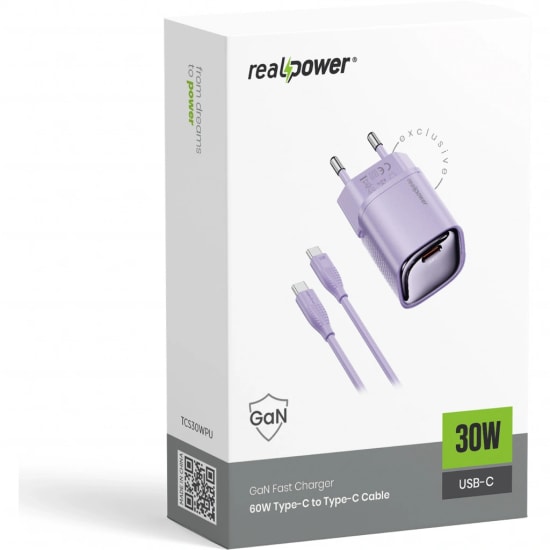 RealPower TCS30WPU 30W GaN Type-C to Type-C Şarj Aleti (NT-119360) - Mor, 3000 mAh Hızlı Şarj, 100cm Kablo Dahil