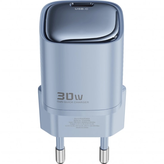 RealPower TCS30WBL 30W GaN Type-C to Type-C Şarj Aleti (NT-119359) - Mavi, 3000 mAh Hızlı Şarj, 100cm Kablo Dahil