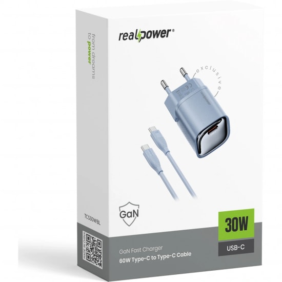 RealPower TCS30WBL 30W GaN Type-C to Type-C Şarj Aleti (NT-119359) - Mavi, 3000 mAh Hızlı Şarj, 100cm Kablo Dahil