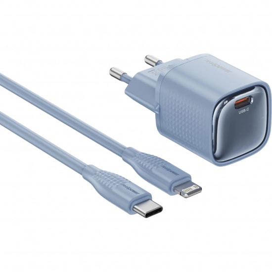 RealPower TCS20WBL 20W GaN Type-C to Lightning Şarj Aleti (NT-119358) - Mavi, 3000 mAh, Hızlı Şarj, Kablo Dahil