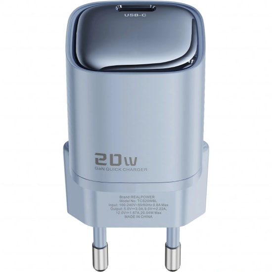RealPower TCS20WBL 20W GaN Type-C to Lightning Şarj Aleti (NT-119358) - Mavi, 3000 mAh, Hızlı Şarj, Kablo Dahil