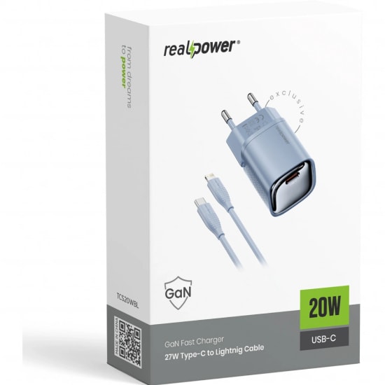 RealPower TCS20WBL 20W GaN Type-C to Lightning Şarj Aleti (NT-119358) - Mavi, 3000 mAh, Hızlı Şarj, Kablo Dahil
