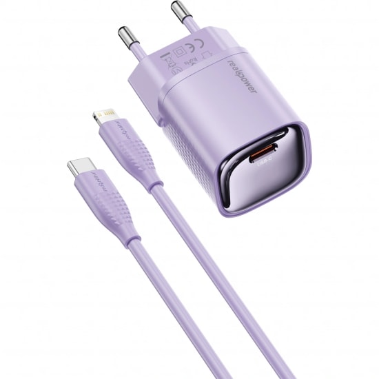 RealPower TCS20WPU 20W GaN Type-C to Lightning Şarj Aleti (NT-119357) - Mor, 3000 mAh, Hızlı Şarj, Kablo Dahil