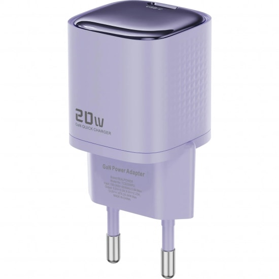 RealPower TCS20WPU 20W GaN Type-C to Lightning Şarj Aleti (NT-119357) - Mor, 3000 mAh, Hızlı Şarj, Kablo Dahil