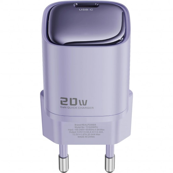 RealPower TCS20WPU 20W GaN Type-C to Lightning Şarj Aleti (NT-119357) - Mor, 3000 mAh, Hızlı Şarj, Kablo Dahil