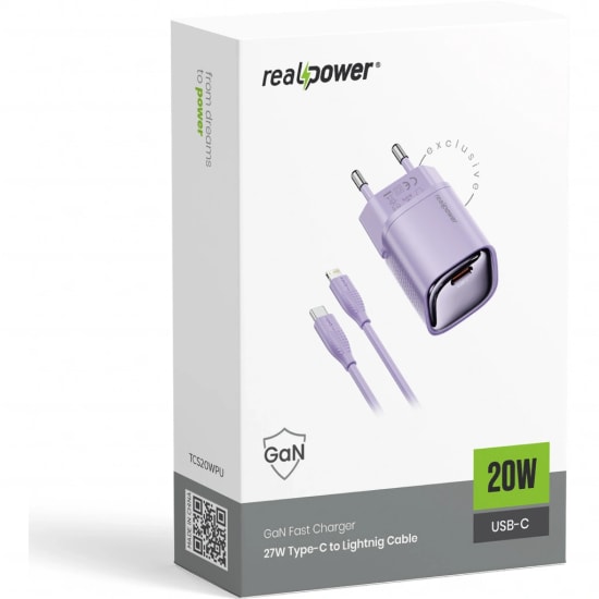 RealPower TCS20WPU 20W GaN Type-C to Lightning Şarj Aleti (NT-119357) - Mor, 3000 mAh, Hızlı Şarj, Kablo Dahil