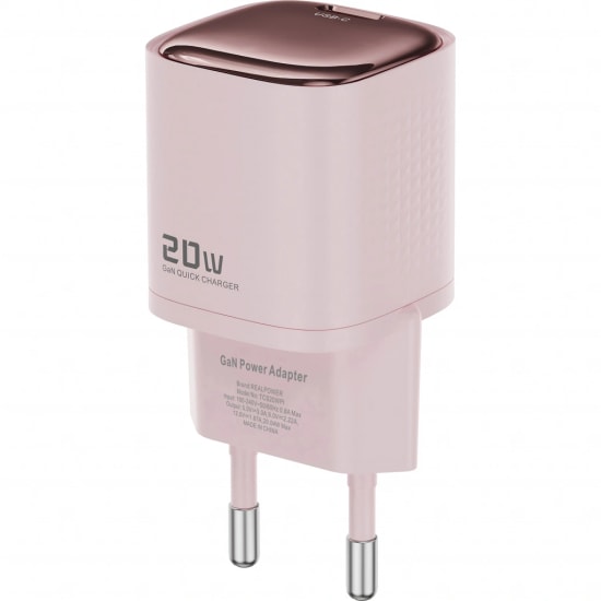 RealPower TCS20WPI 20W GaN Type-C to Lightning Şarj Aleti (NT-119356) - Pembe, 3000 mAh, Hızlı Şarj, Kablo Dahil